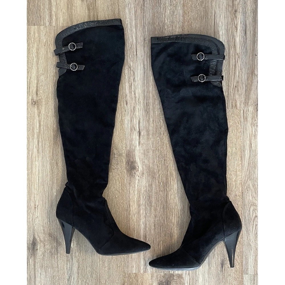 Guess Funke Black Suede Thigh High Heeled Boots Pointed Toe Buckle Detail 7.5